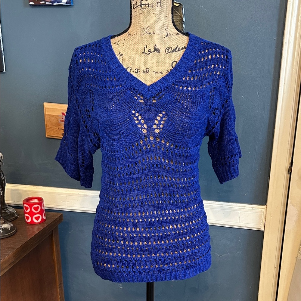 Cable & Gauge Royal Blue Open-Knit V-Neck Sweater